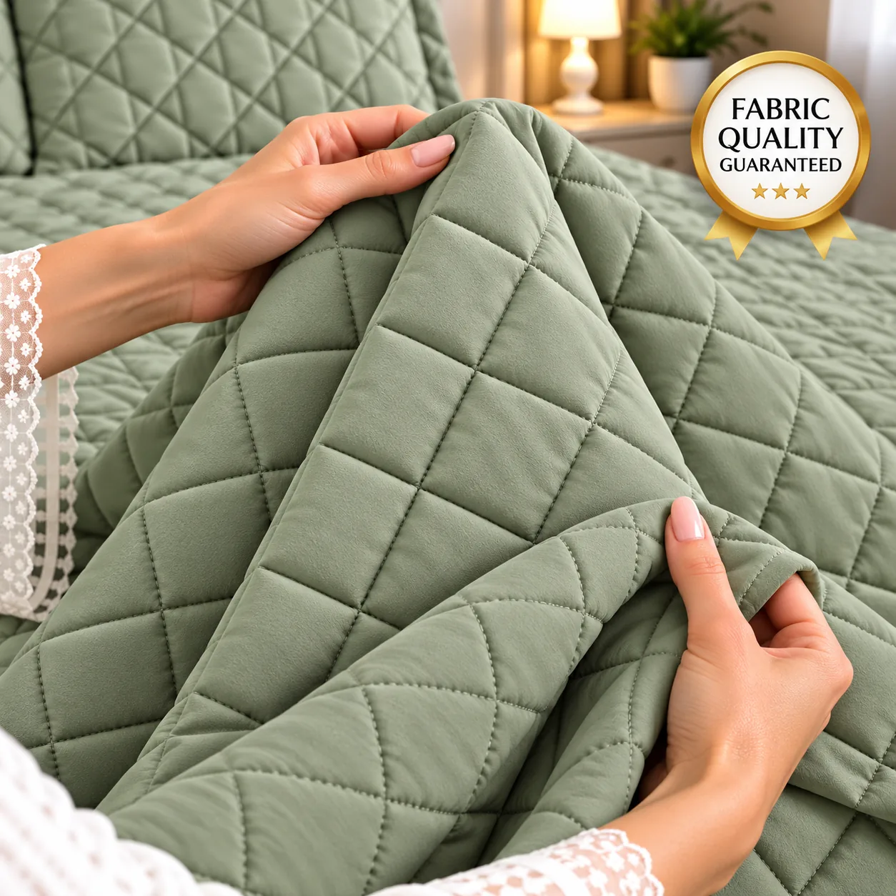 Sage Green Diamond Quilted Bedspread Set (3 Pcs) - Image 3