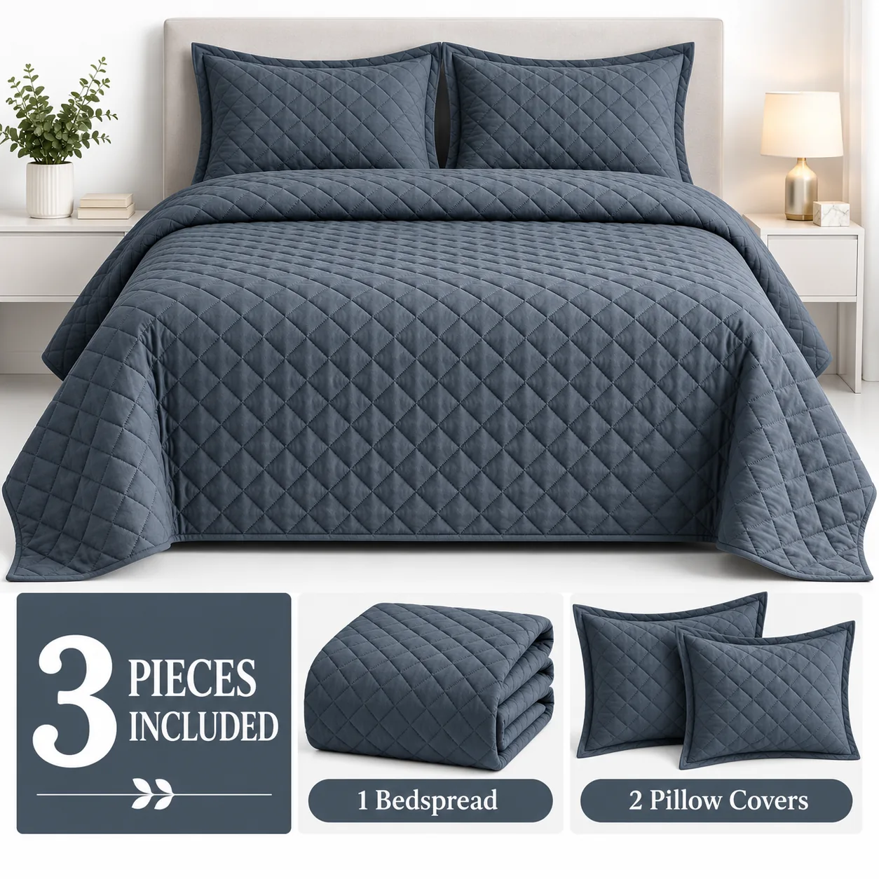 Slate Grey Diamond Quilted Bedspread Set (3 Pcs) - Image 4