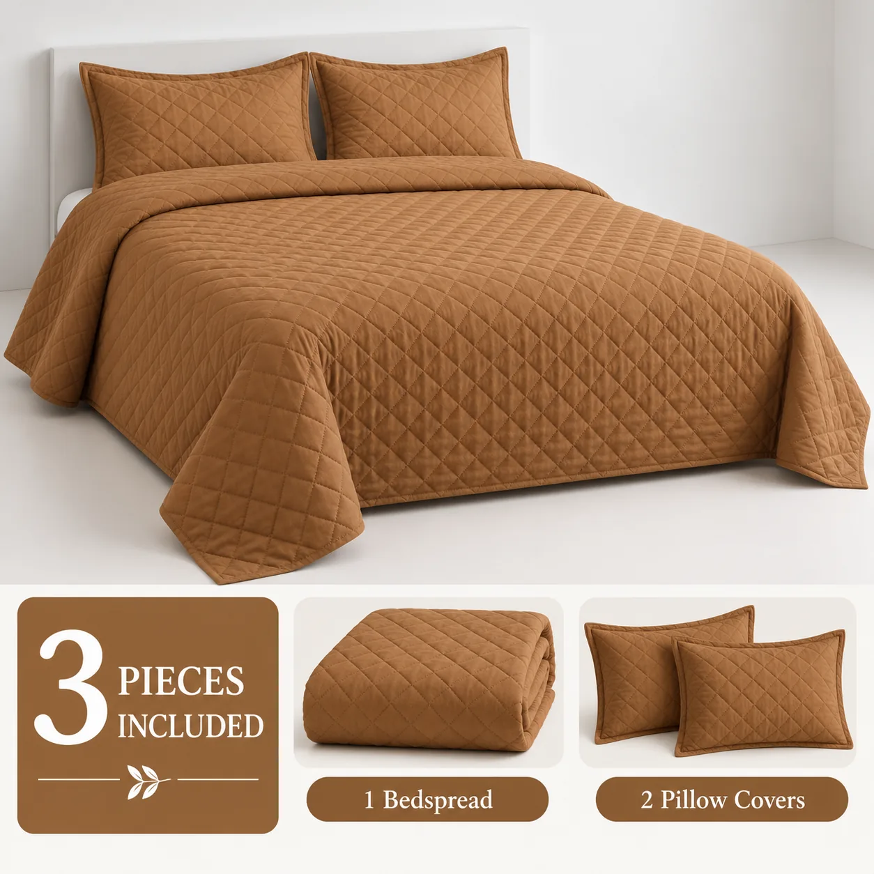 Tan Quilted Bedspread Set Presentation