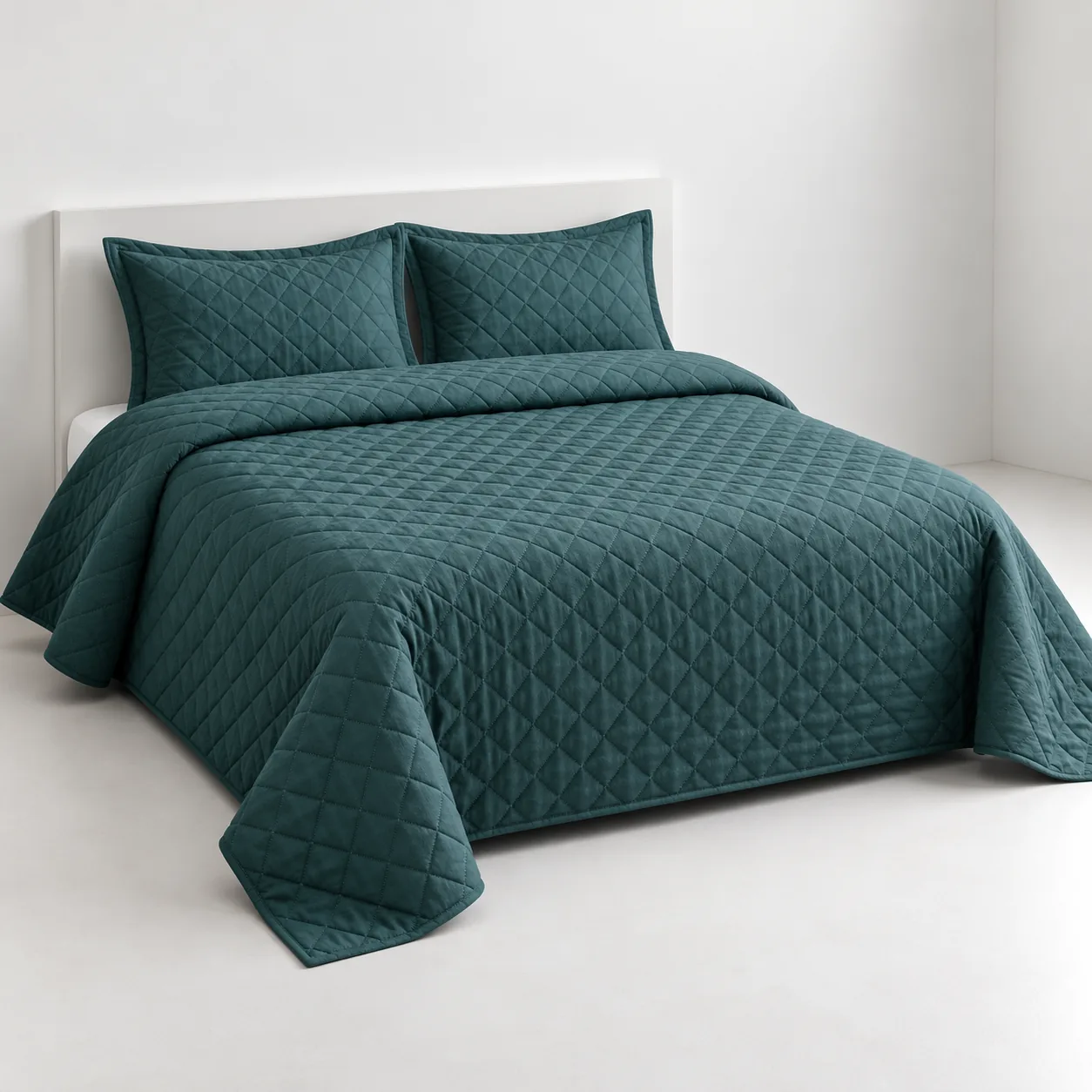 Teal Diamond-Quilted Bed in Minimalist Room