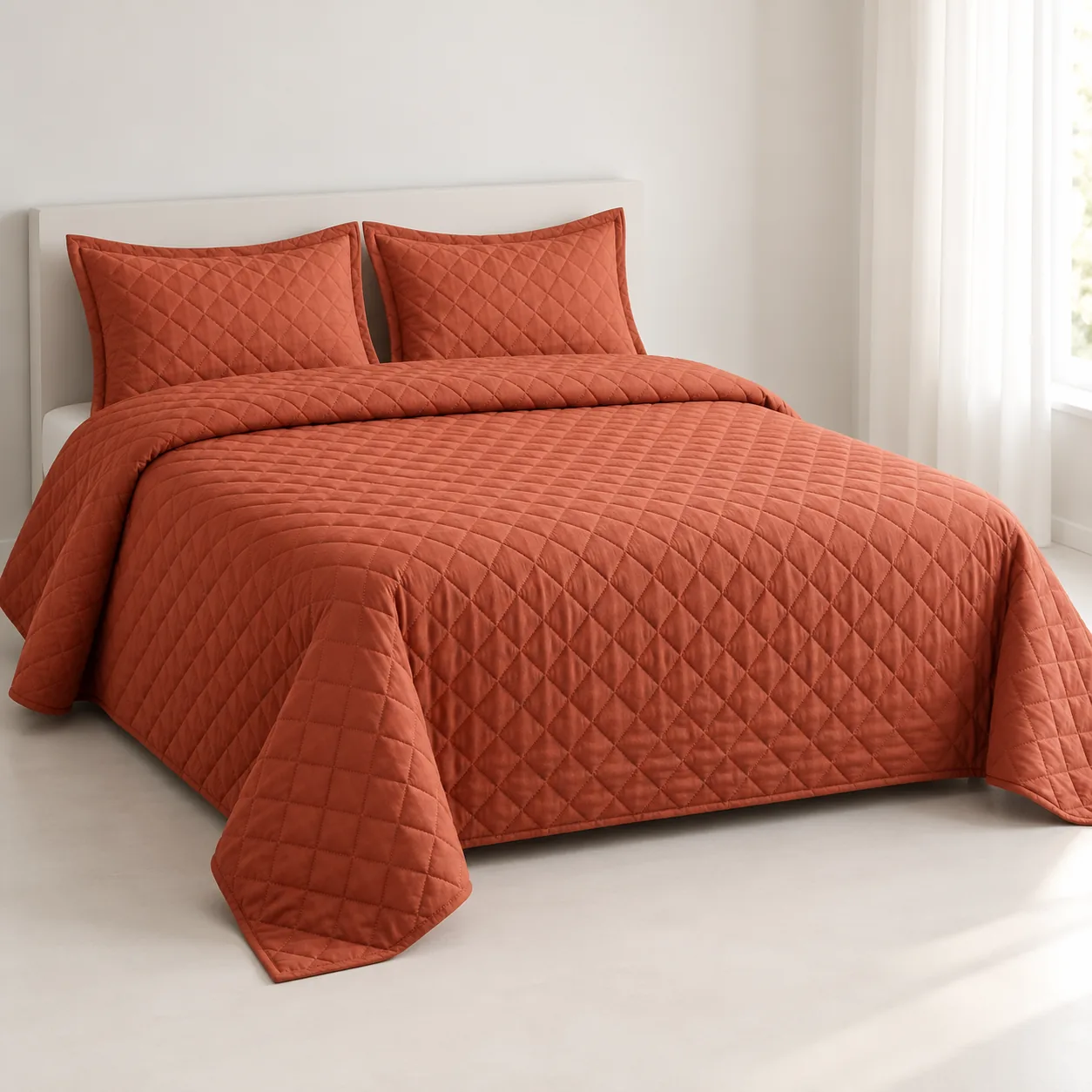 Terracotta Diamond Quilted Bedspread Set (3 Pcs) - Image 2