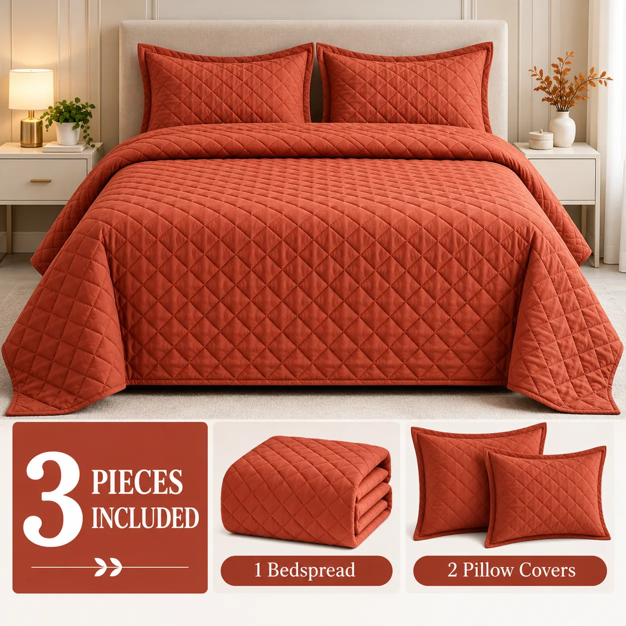Terracotta Diamond Quilted Bedspread Set (3 Pcs) - Image 4