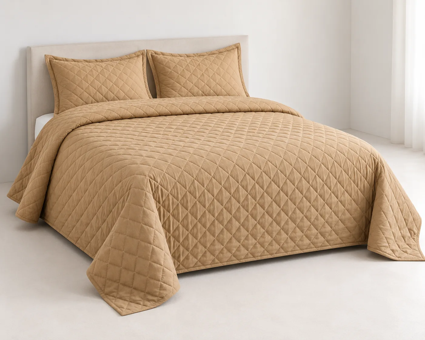 Sand Beige Diamond Quilted Bedspread Set (3 Pcs) - Image 2