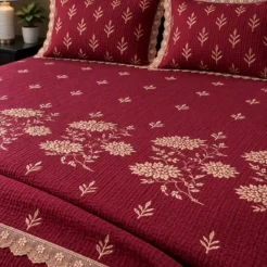 Deep Maroon Floral Embroidered King Size Bedsheet Set – 3 Pcs 2