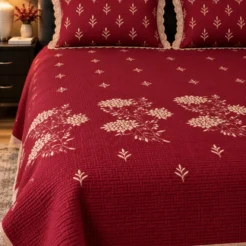 Deep Maroon Floral Embroidered King Size Bedsheet Set – 3 Pcs 3