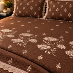 Chocolate Brown Floral Embroidered King Size Bedsheet Set 3 Pcs 1
