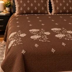Chocolate Brown Floral Embroidered King Size Bedsheet 2