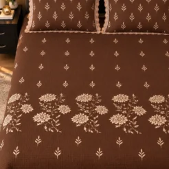 Chocolate Brown Floral Embroidered King Size Bedsheet 3