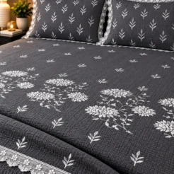 Slate Grey Floral Vine Embroidered King Size Bedsheet Set – 3 Pcs 2