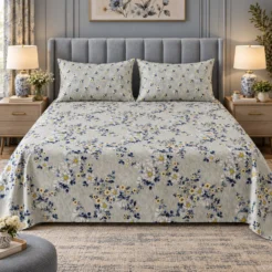 Blue Daisy Floral Printed King Size Bed Sheet Set (3 PCs)