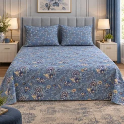 Blue Vine Floral Printed King Size Bed Sheet Set (3 PCs)