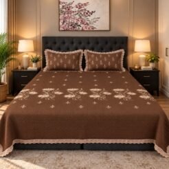 Chocolate Brown Floral Embroidered King Size Bedsheet Set – 3 Pcs