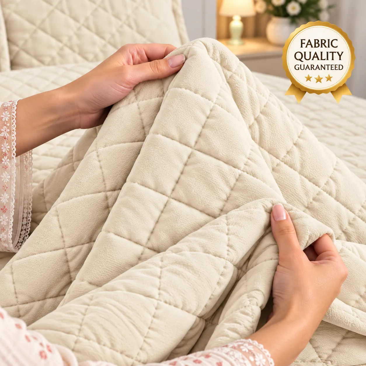 Ivory Cream Diamond Quilted Bedspread Set (3 Pcs) - Image 3