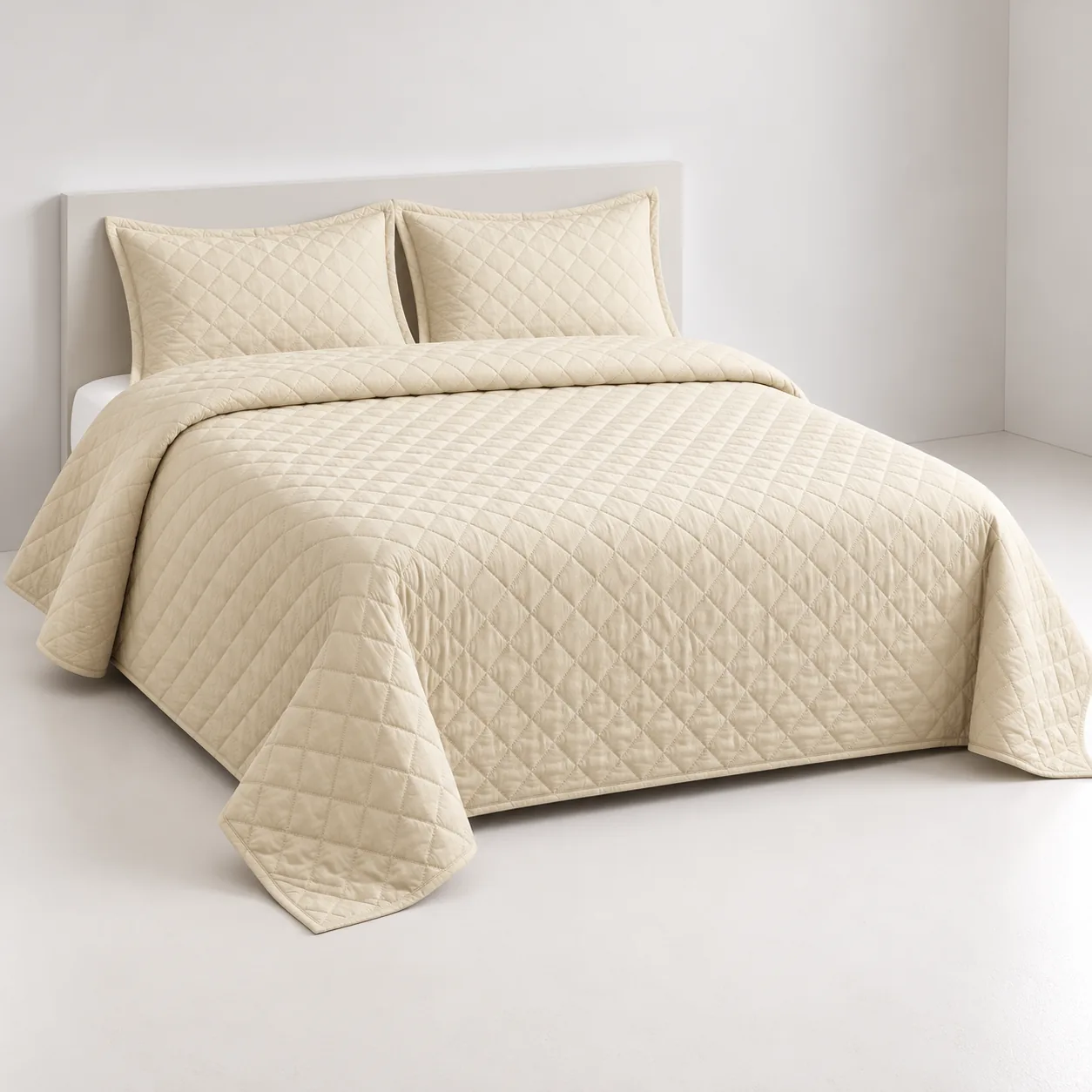 Ivory Cream Diamond Quilted Bedspread Set (3 Pcs) - Image 2