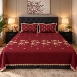 Deep Maroon Floral Embroidered King Size Bedsheet Set – 3 Pcs 1