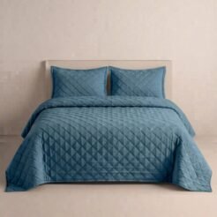Denim Blue Diamond Quilted Bedspread Set 3 Pcs
