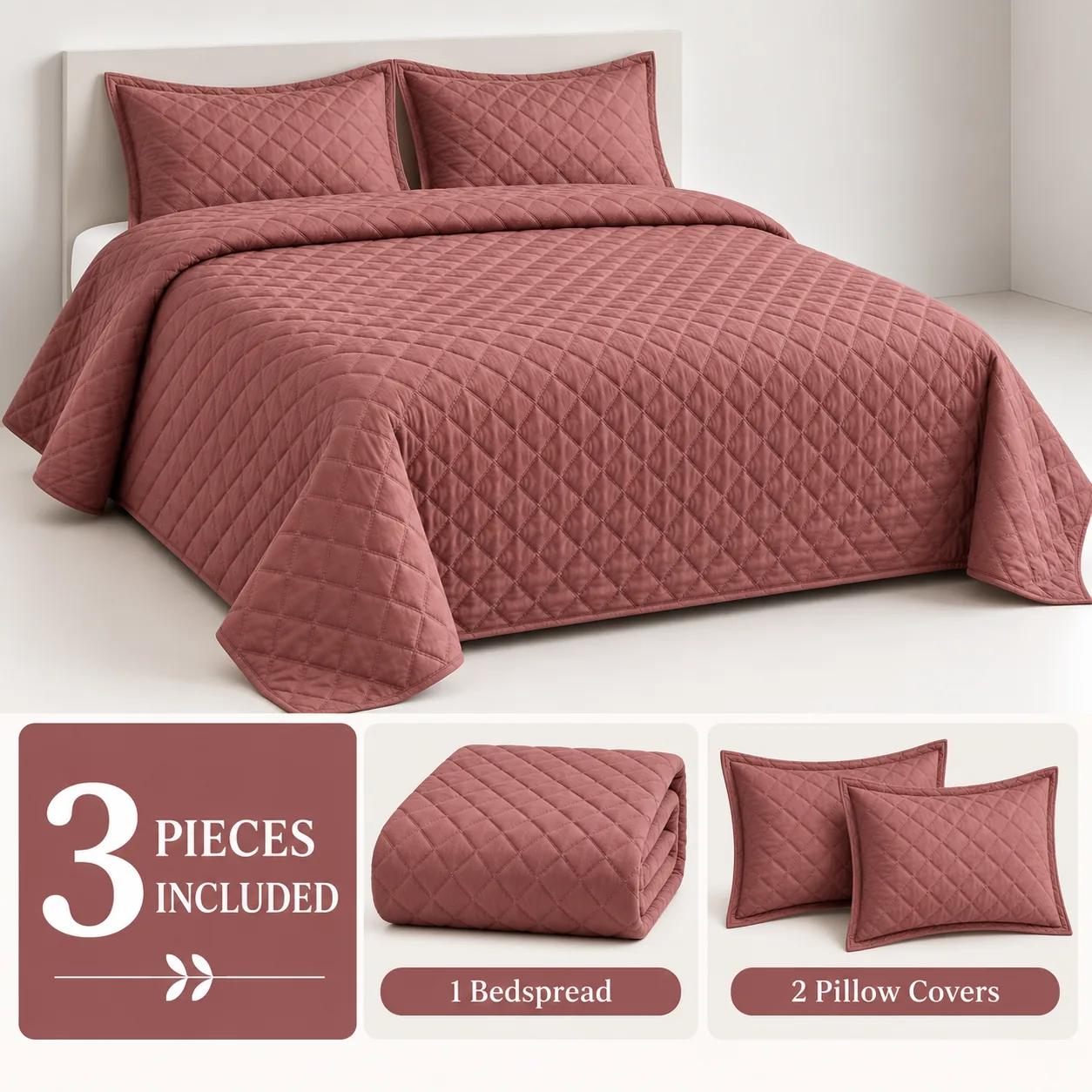 Dusty Rose Diamond Quilted Bedspread Set (3 Pcs) - Image 4