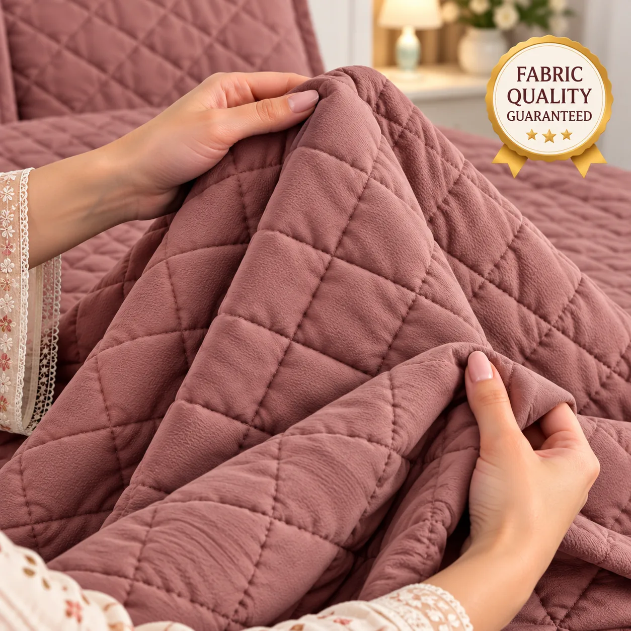 Dusty Rose Diamond Quilted Bedspread Set (3 Pcs) - Image 3