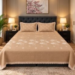 Elegant Beige Floral Embroidered King Size Bedsheet Set (3 Pcs)