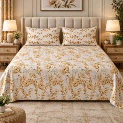 Golden Botanical Printed King Size Bed Sheet Set (3 PCs)