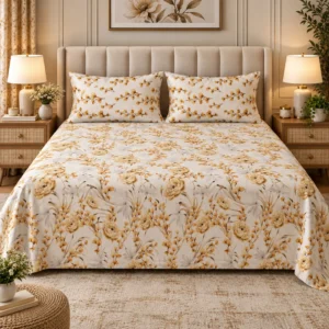 Golden Botanical Printed King Size Bedsheet