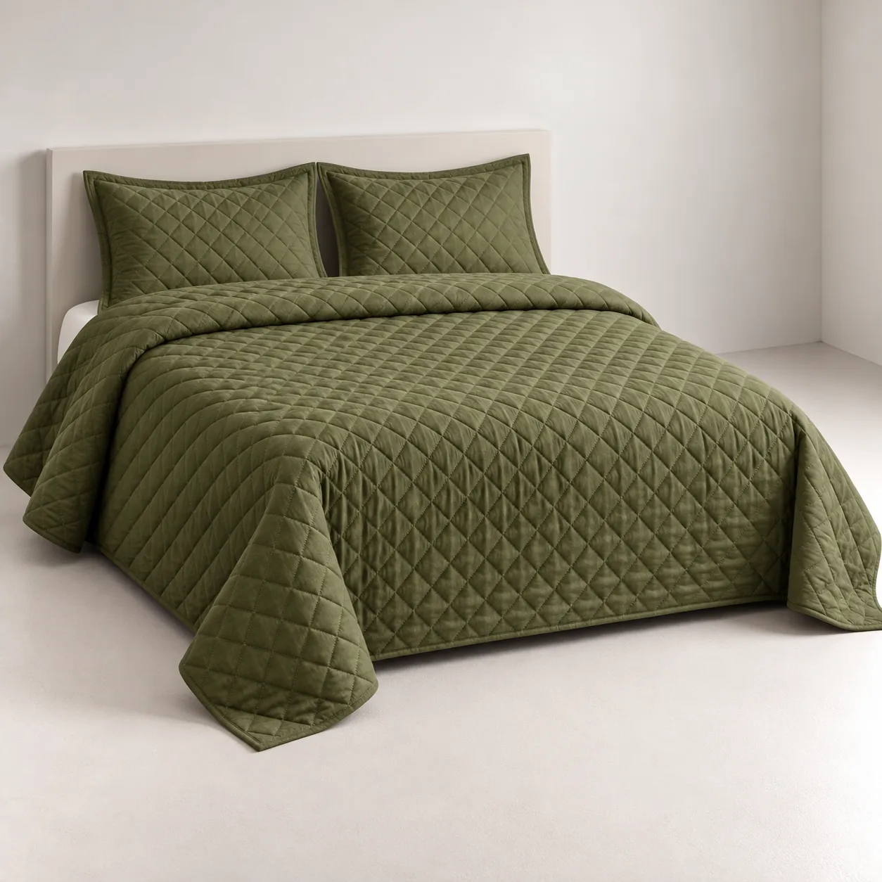 Olive Green Diamond Quilted Bedspread Set (3 Pcs) - Image 2