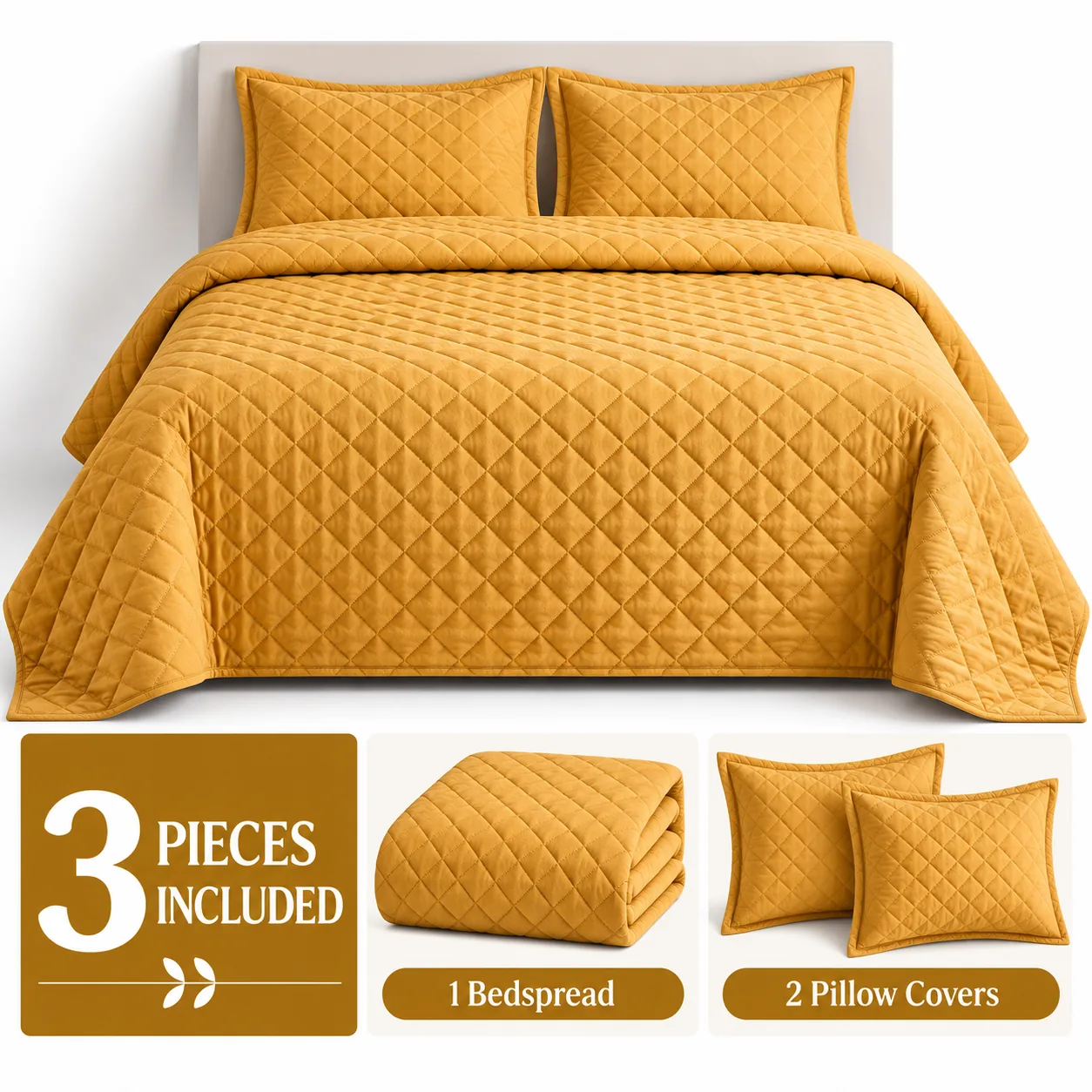 Mustard Diamond Quilted Bedspread Set (3 Pcs) - Image 4