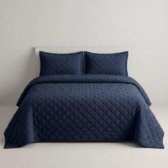 Navy Blue Diamond Quilted Bedspread Set – 3 Pcs