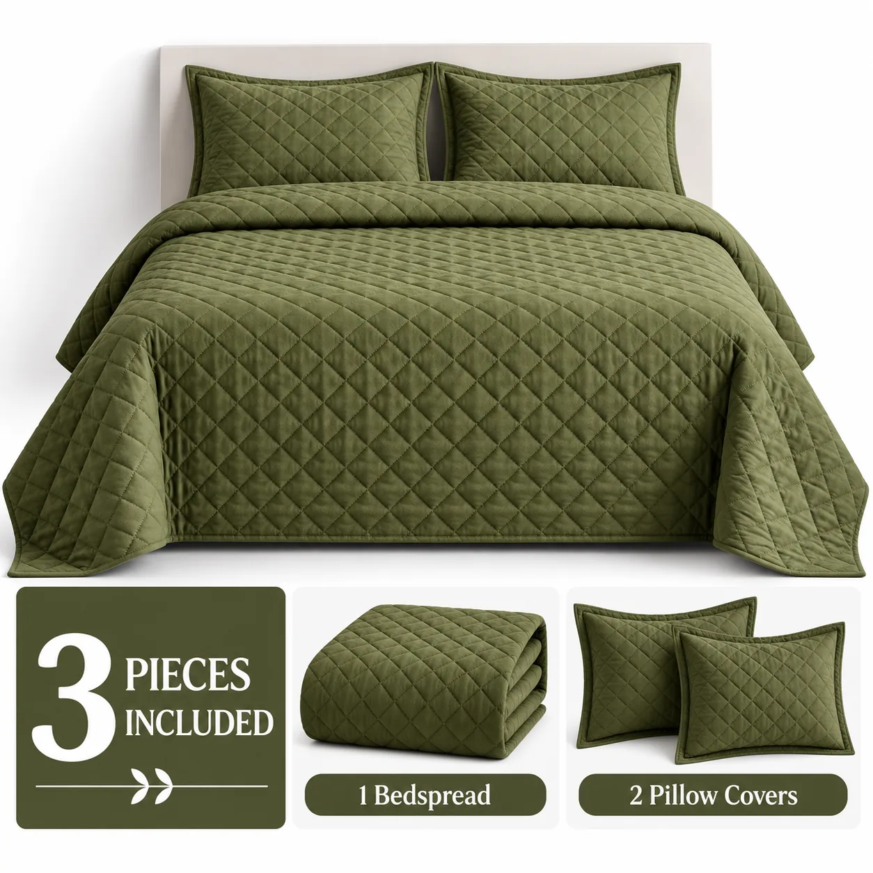 Olive Green Diamond Quilted Bedspread Set (3 Pcs) - Image 4