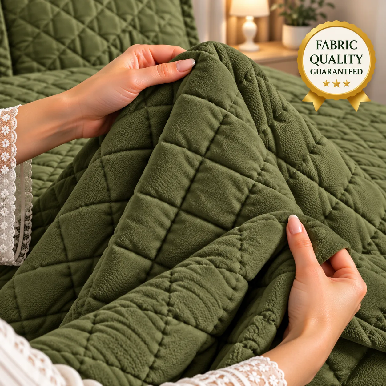 Olive Green Diamond Quilted Bedspread Set (3 Pcs) - Image 3