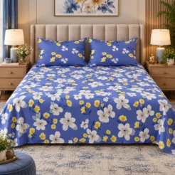 Royal Blue Daisy Printed King Size Bed Sheet Set (3 PCs)