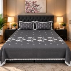 Slate Grey Floral Vine Embroidered King Size Bedsheet Set – 3 Pcs 1