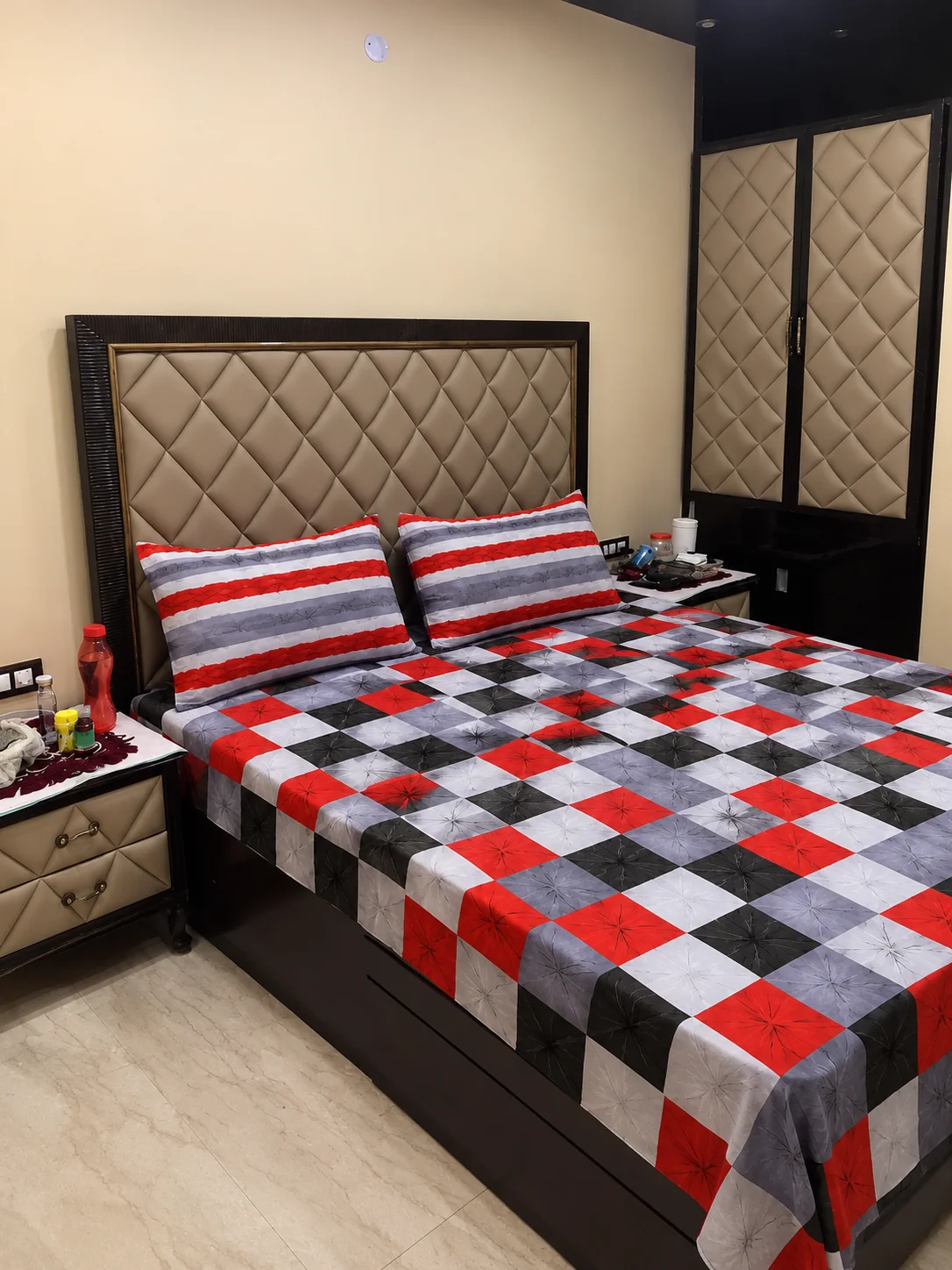 Red grey and black checkered bedsheet