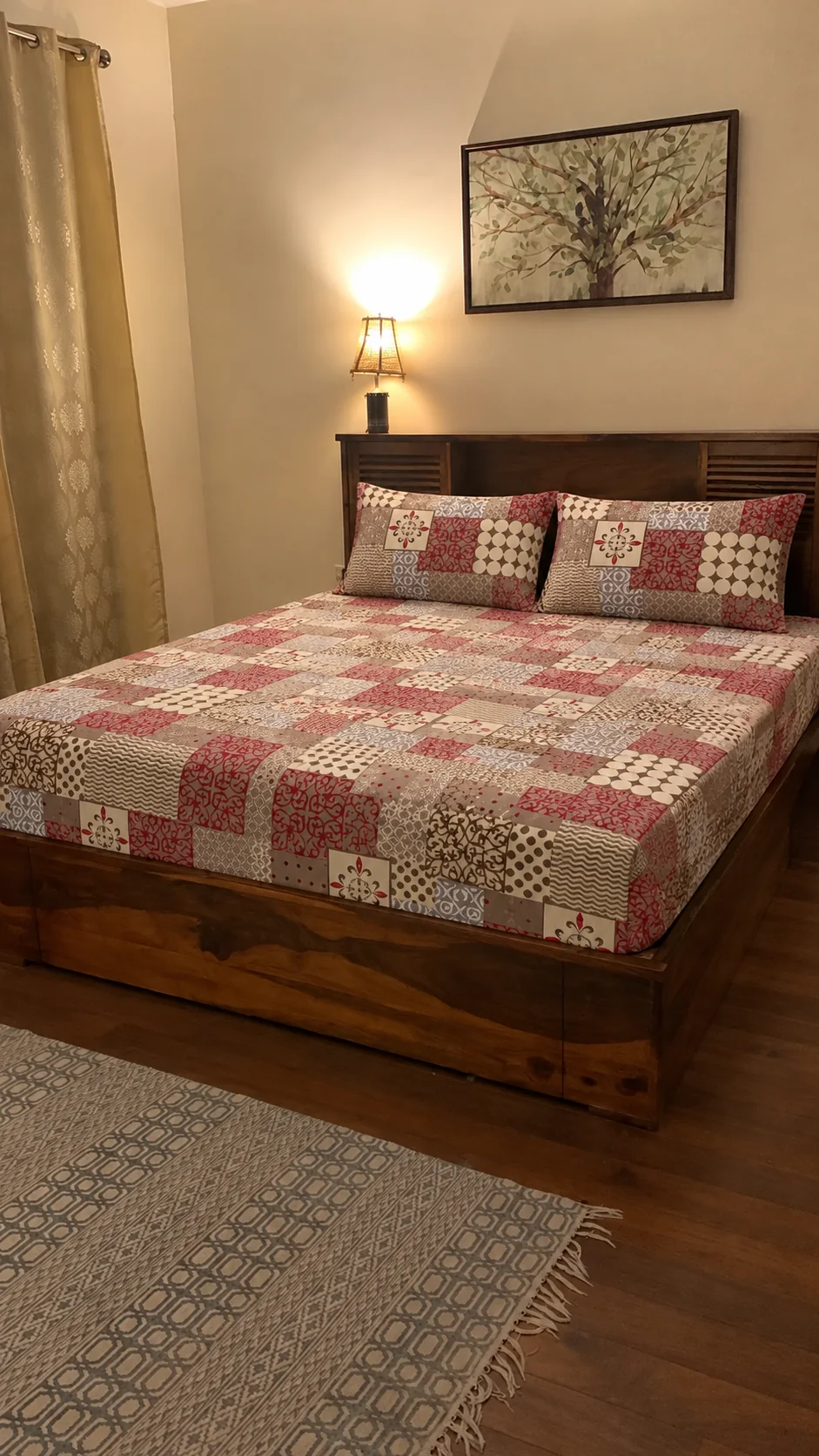 Red and beige patchwork bedsheet