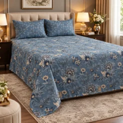 Alternative view of Denim Blue Botanical Floral King Size Printed Bedsheet