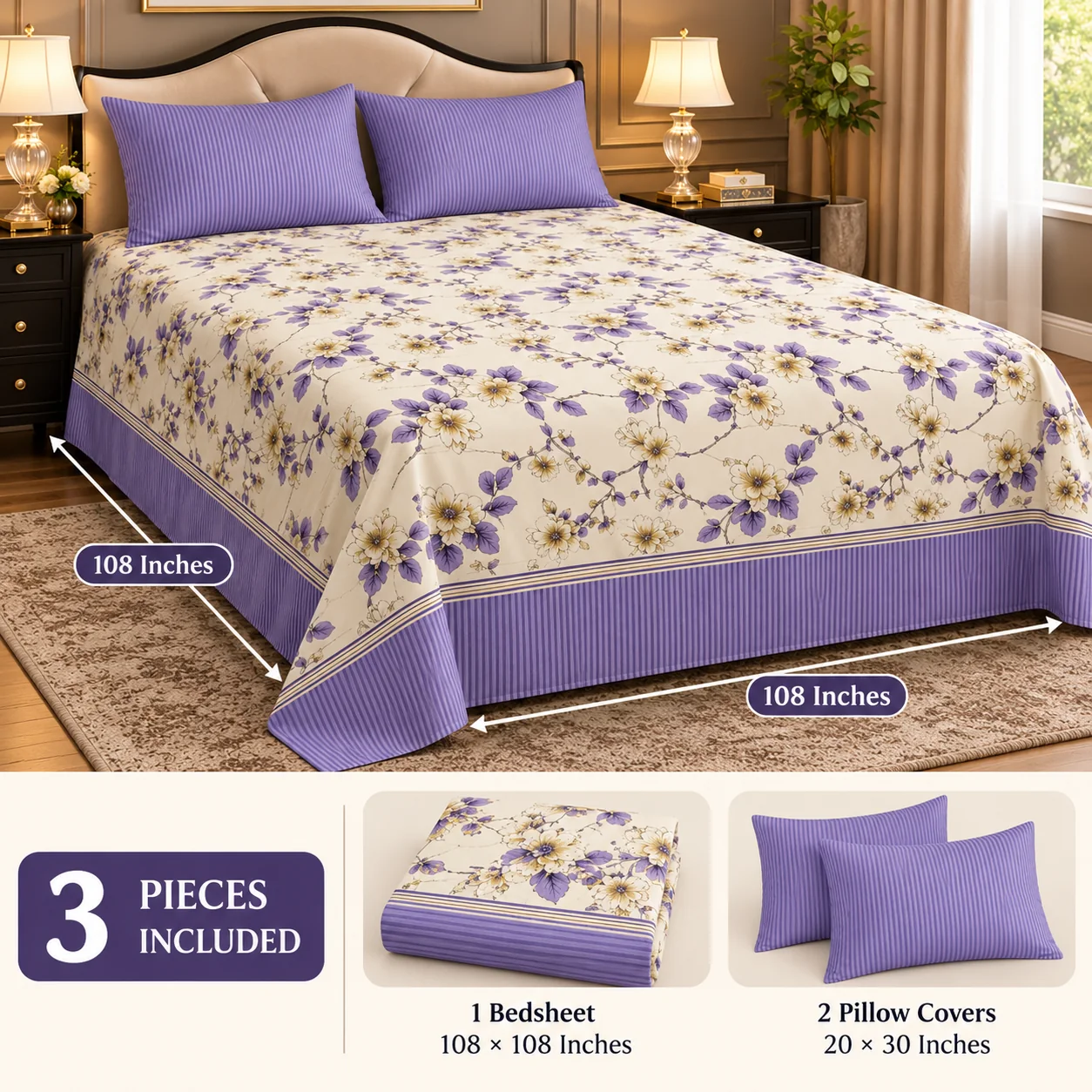 Lavender Blue Blossom King Size Printed Bedsheet - Image 4