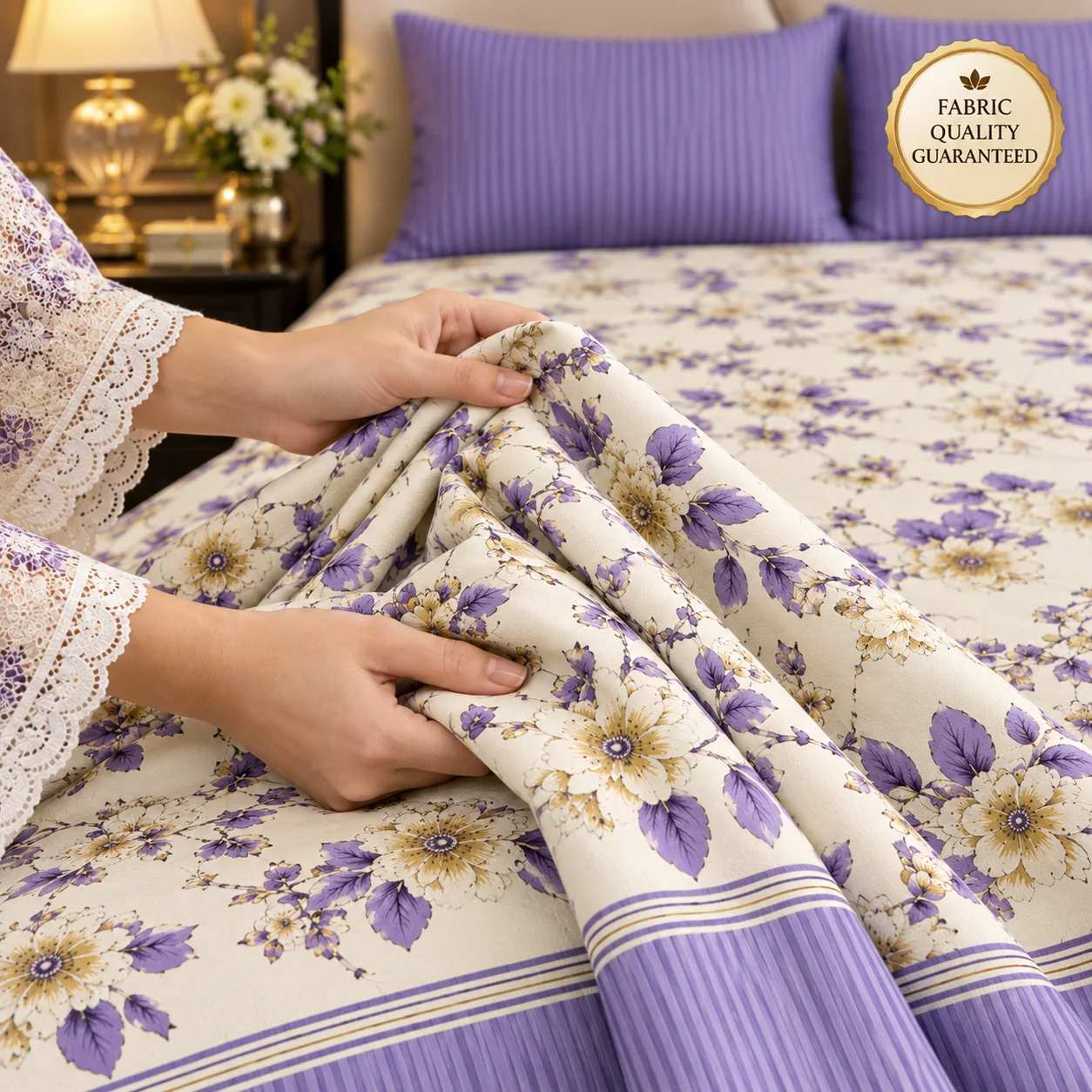 Lavender Blue Blossom King Size Printed Bedsheet - Image 3
