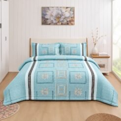 Aqua Blue Floral Medallion Greek Border King Size Quilted Bedspread Set