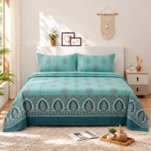 Aqua Teal Ornamental Border Cotton Printed Bedsheet
