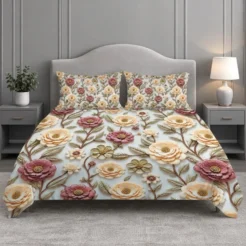 Beige Blue Floral Printed Micro Cotton King Size Bedsheet Set