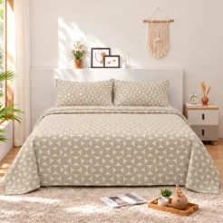 Beige White Leaf Medallion Cotton Printed Bedsheet