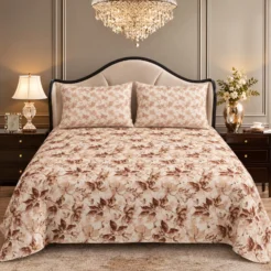 Beige Brown Vintage Floral King Size Printed Bedsheet
