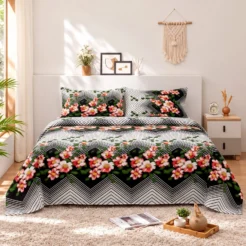 Black Coral Floral Border Cotton Printed Bedsheet