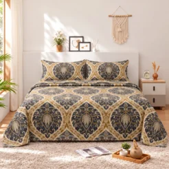 Black Gold Ornamental Medallion Cotton Printed Bedsheet