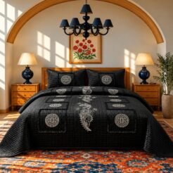 Black Silver Medallion King Size Ornamental Quilted Bedspread Set