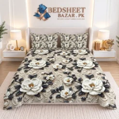 Black & White Floral Printed Micro Cotton King Size Bedsheet
