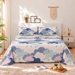 Blue Cream Cloud Floral Cotton Printed Bedsheet