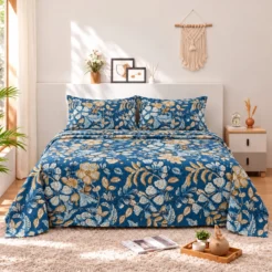 Blue Gold Leaf Floral Cotton Printed Bedsheet