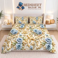 Blue Gold Ornate Floral Printed Micro Cotton King Size Bedsheet Set