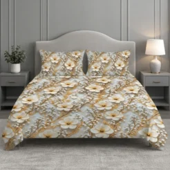 Blue Grey Gold Leaf Floral Printed Micro Cotton King Size Bedsheet Set
